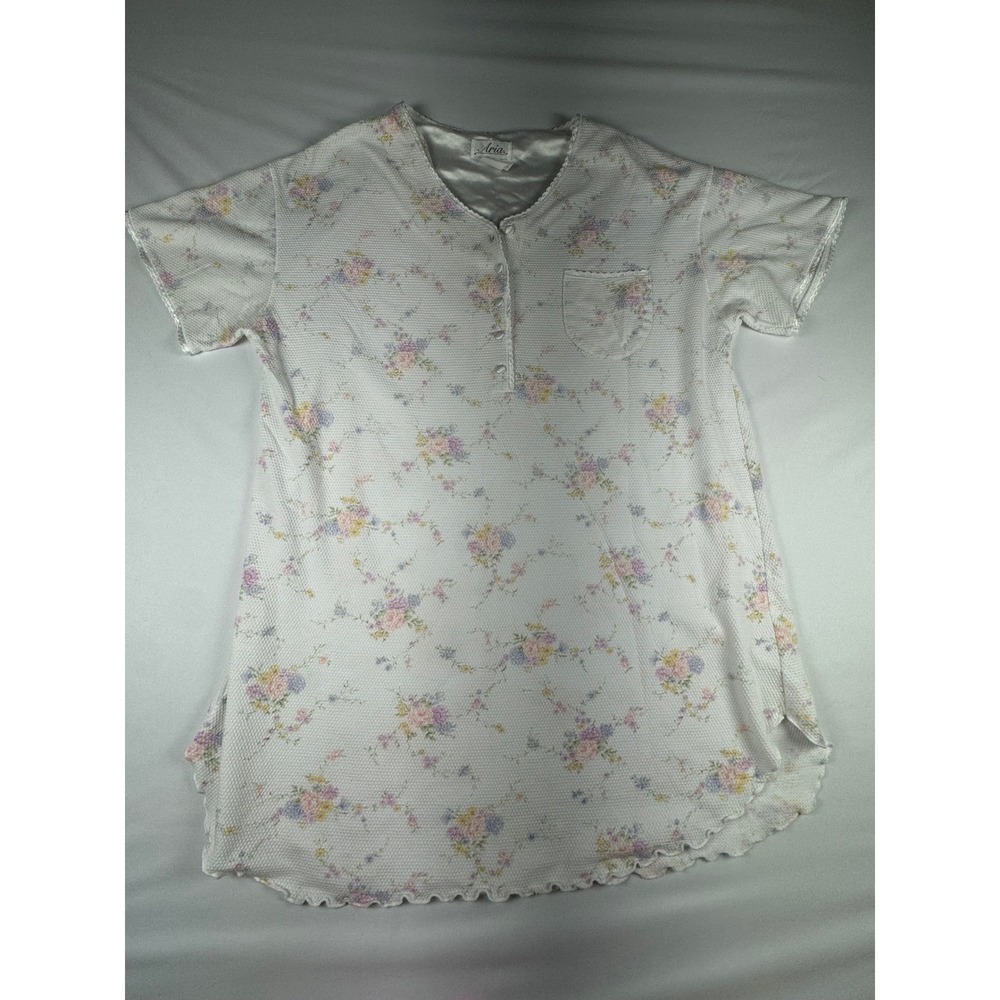 Aria Vintage Floral Waffle Knit Nightgown White Pink Blue Sleep Shirt XL